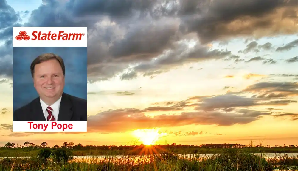 Tony Pope State Farm. Photo of Tony Pope and sunrise at the marsh and State Farm's logo